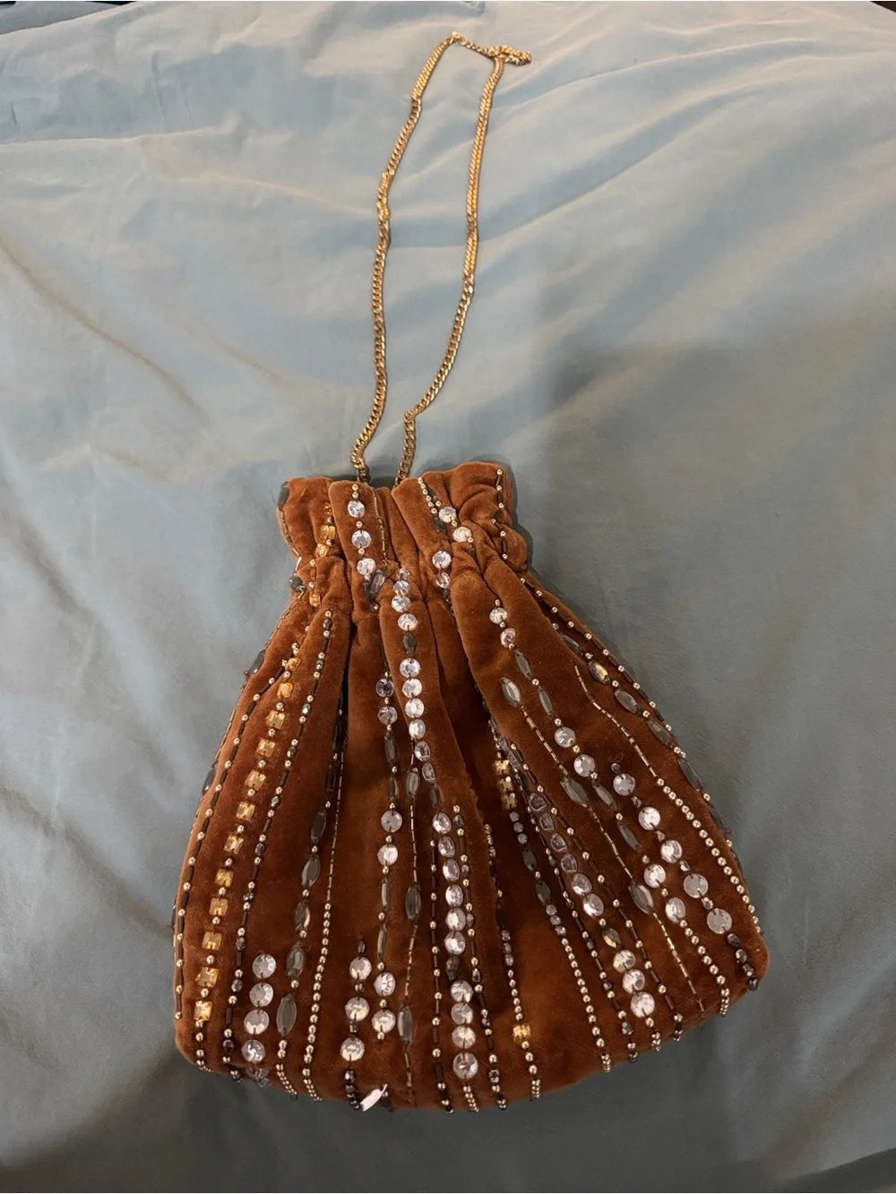 Embellished Brown Velvet Drawstring Bag with Gold Chain, Attachable Top Handle